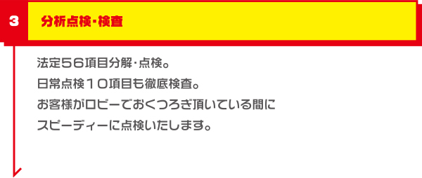 分析点検・検査 法定５６項目分解・点検。日常点検１０項目も。徹底検査。お客様がロビーでおくつろぎ頂いている間にスピーディーに点検いたします。