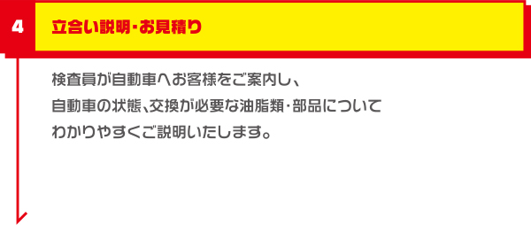 立合い説明・お見積り 検査員が自動車へお客様をご案内し、自動車の状態、交換が必要な油脂類・部品についてわかりやすくご説明いたします。